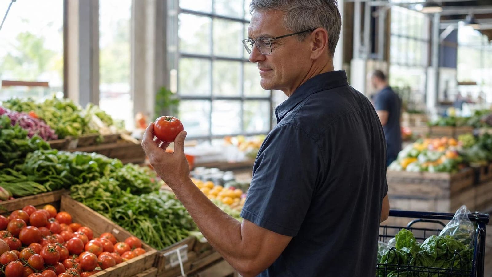 A man cheerfully filling his cart with fresh produce at the market