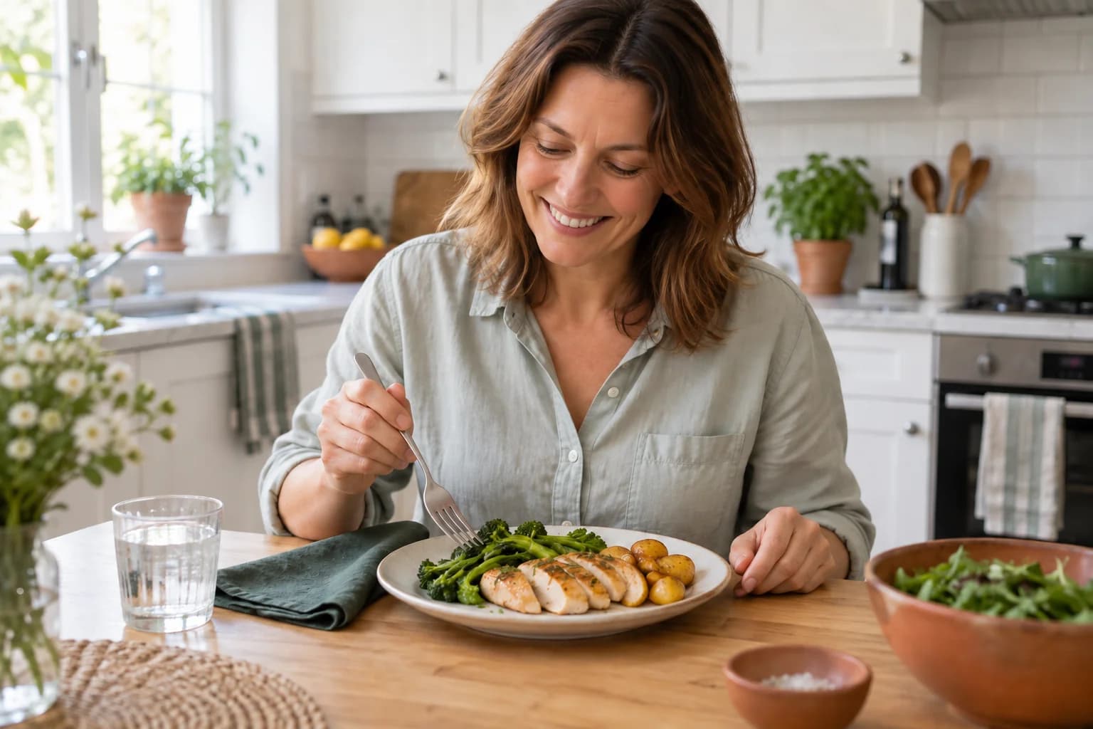 An adult enjoying an everyday meal at her kitchen table