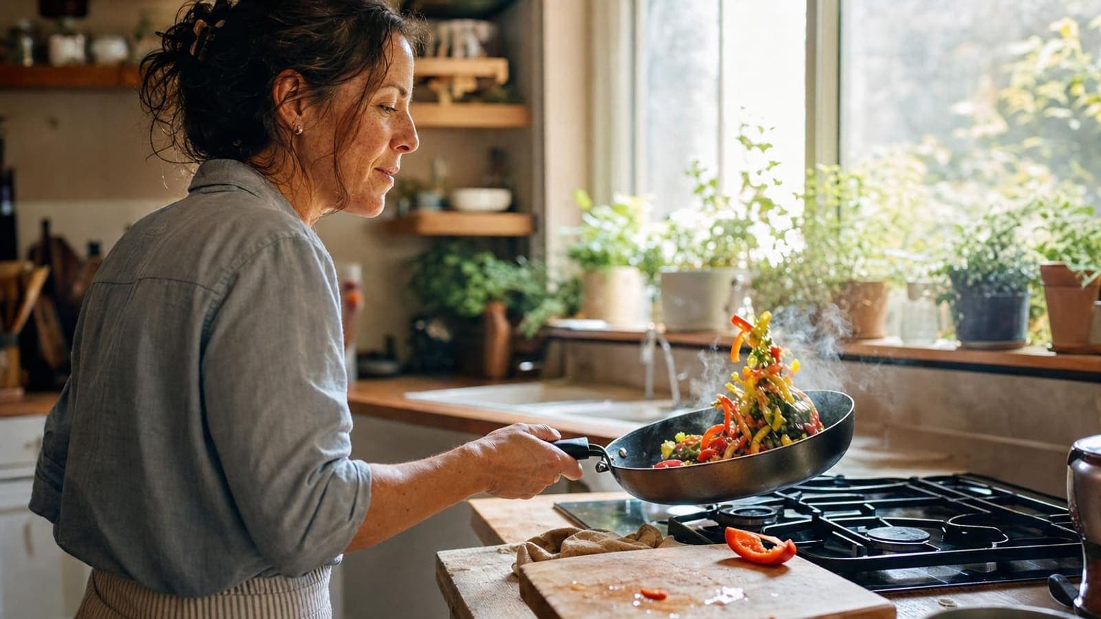 A woman happily cooking colorful vegetables in her bright kitchen