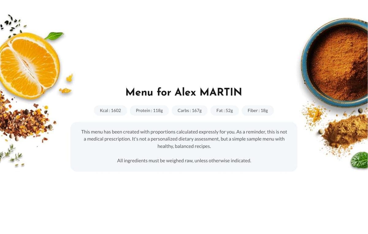 Meal plan cover page with personalized name and calorie, protein, carb and fat targets