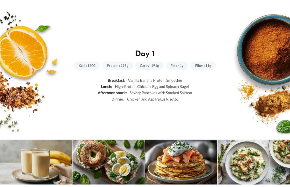 Day page listing breakfast, lunch, snack and dinner with daily macros