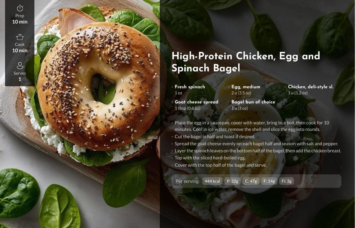 Recipe page with exact ingredient portions, instructions and per-serving macros